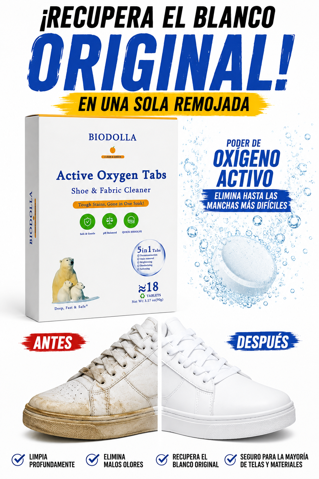 Tabletas Activas de Oxígeno para Limpieza de Zapatillas Blancas
