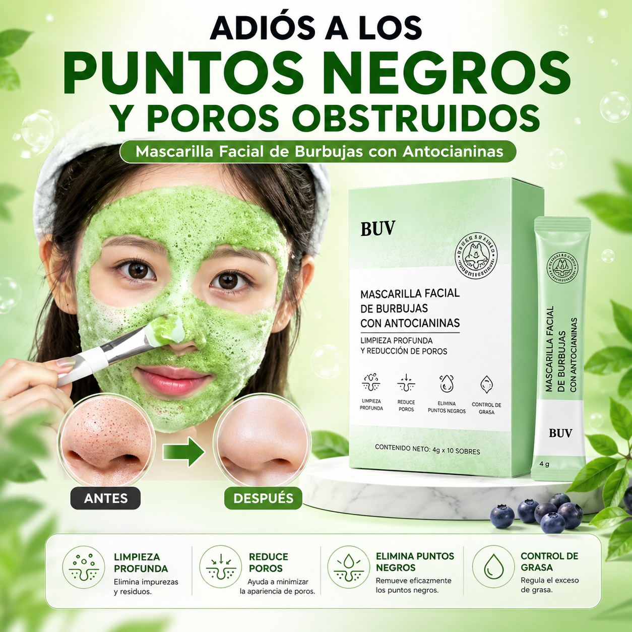 MASCARILLA FACIAL DE BURBUJAS CON ANTOCIANINAS| limpieza profunda y reducción de poros