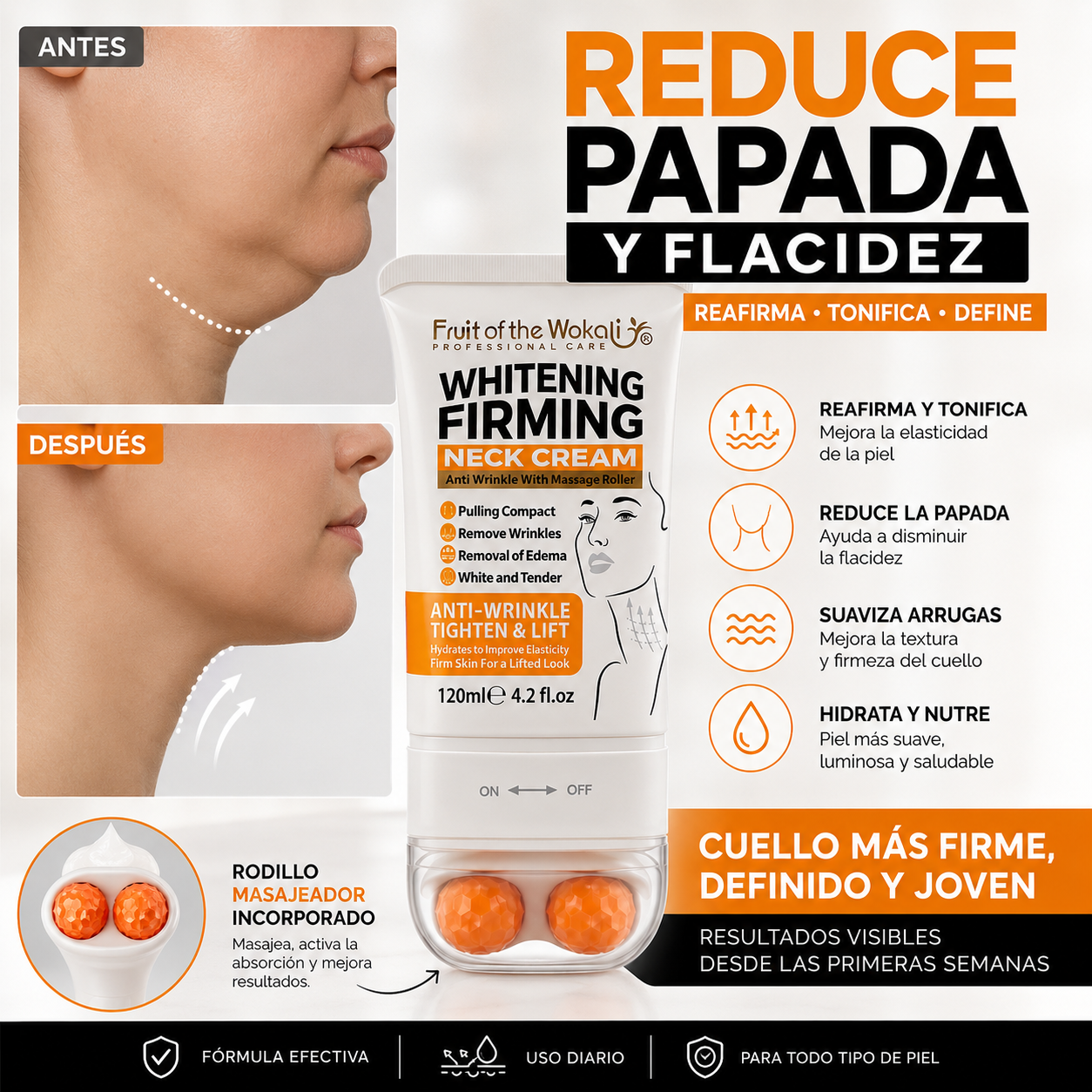 CREMA REAFIRMANTE PARA CUELLO Y PAPADA CON RODILLO MASAJEADOR