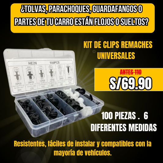 KIT DE CLIPS "REMACHES" PARA CARRO 100 PIEZAS/ Ajusta, repara y asegura 🚗 -TIK